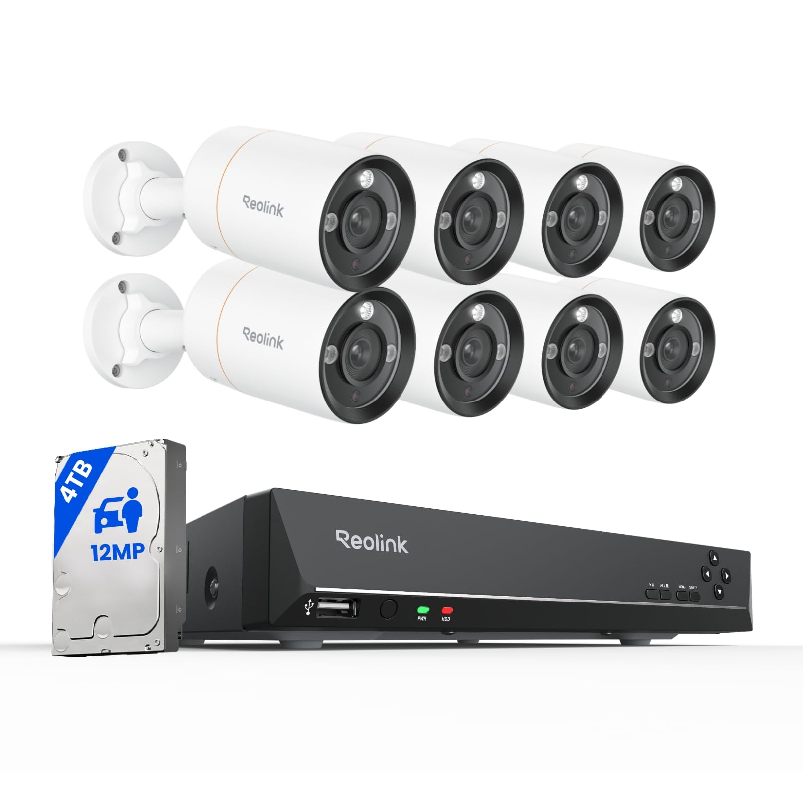 REOLINK12MP Security Camera System Commercial, 8pcs H.265 12MP PoE Security Cameras Outdoor, Person Vehicle Pet Detection, Spotlight Color Night Vision, 16CH NVR 4TB HDD, RLK16-1200B8-A