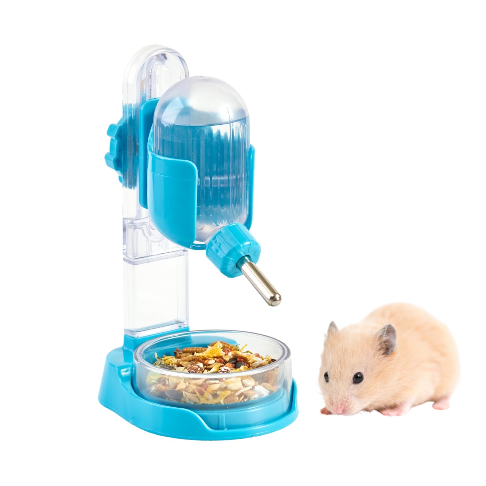 Bouteille d'eau pour Hamster avec Support, Distributeur d'eau de 100 ML avec Bol de Nourriture pour Hamsters Syriens, Hamsters Nains, Souris, Rats, Dégus (Bleu, P1692- Autoportant)