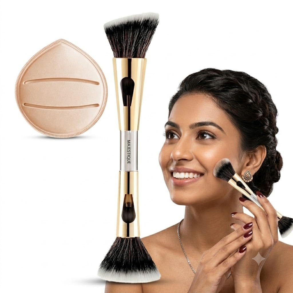 Majestique Makeup Brush 4-in-1 Set with Powder Puff for Face & Eye Makeup | Dual End Design, Blush & Concealer, Soft Dense Bristles, For Liquid & Cream, Eyeshadow Brush-picture-34