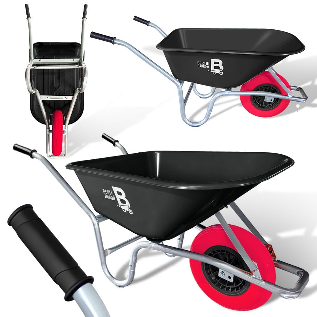 Equimed Bertie 110L Heavy Duty Garden WheelBarrow & Builders Wheel barrow | Puncture-Proof Solid Tyre | Black | Durable Polypropylene Tub |Garden, Soil, Gravel, Mulch & Tools