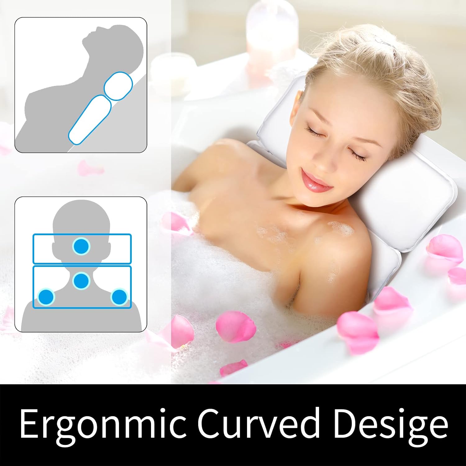 Yimobra Luxurious Spa Bath Pillow, 2 Panel Bath Tub Pillows for Headrest Shoulder Neck Support, Large 14.5 x11, Powerful 7 Non Slip Suction Cups, Pillow for Bathtub, Hot Tub, Jacuzzi, Spas, White