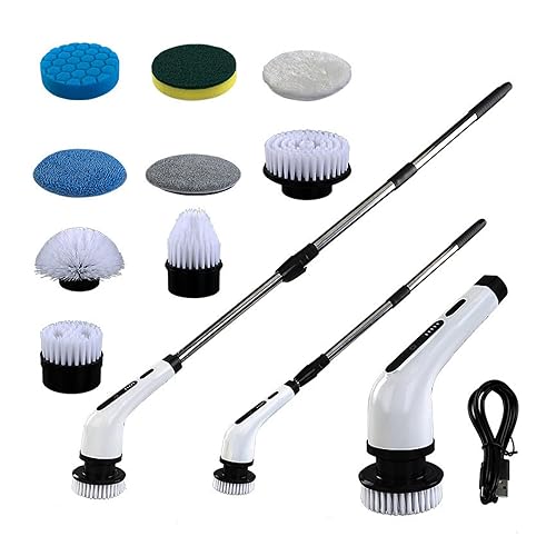 Cepillo giratorio eléctrico, cepillo de limpieza inalámbrico multifunción con mango retráctil y 9 cepillos para azulejos de bañera de baño