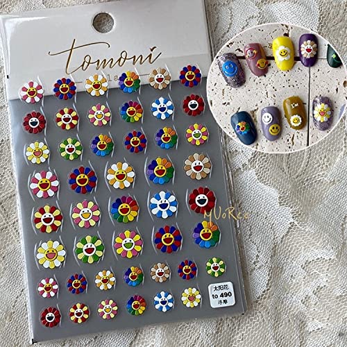 New 5D Stereoscopic Embossed Sun Flower Nail Art Stickers Decals, Candy Color Cartoon Smiling Face Sun Flower Colorful Flower Self-Adhesive Nail Stickers For Nail Art Decoration (3 Sheets) #TOP4