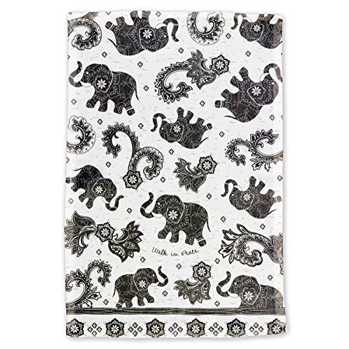 Karma KA1019 Boho Black and White Tea Towels, Cotton, Elephant, 18" x 22" - Image 2