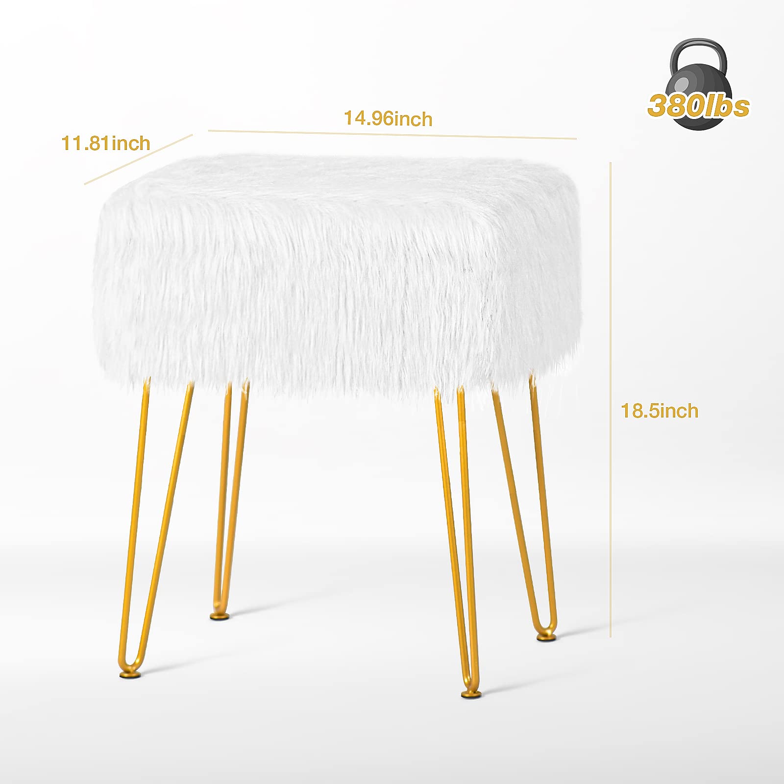 MOOWIND Vanity Stool Faux Fur Ottoman, Rectangle Vanity Stool Chair Padded Seat Storage Ottoman, Fuzzy Fluffy Bench Modern Footrest for Makeup Room Bedroom Living Room with 4 Gold Metal Legs, White