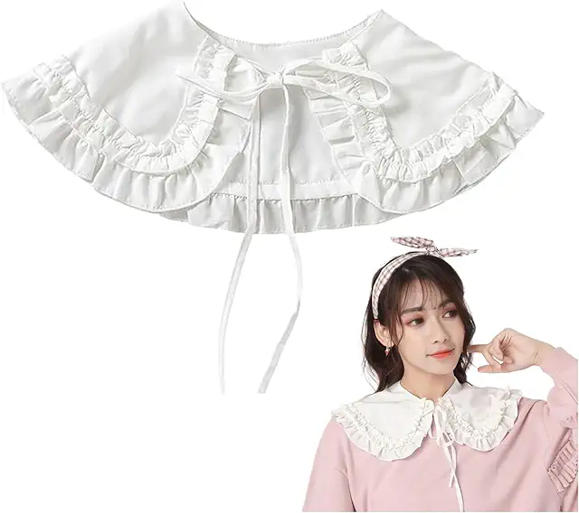 Women's Detachable Faux Blouse Collar with Lotus Leaf Edge - White, Agarwood, Chiffon