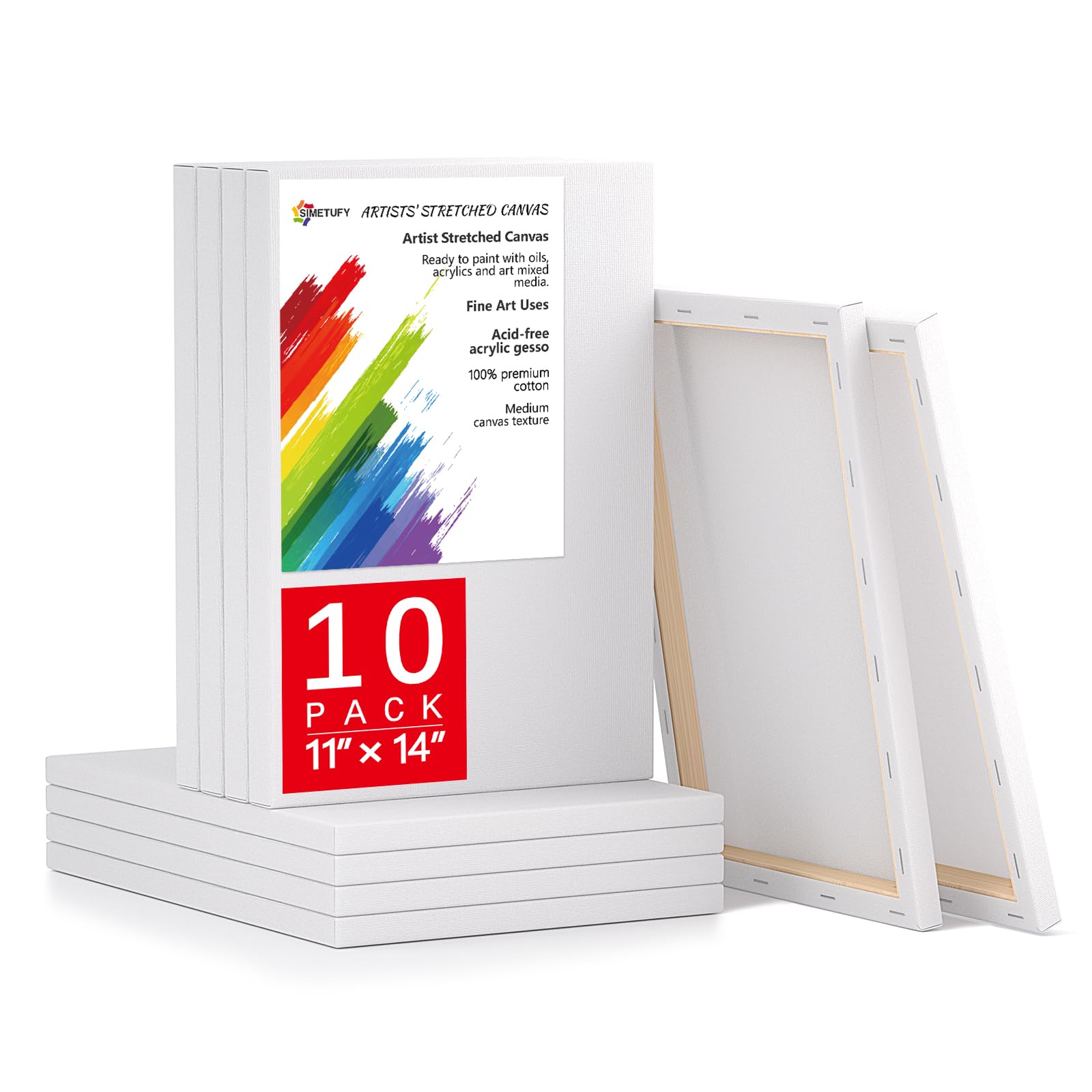 Simetufy 11x14 Inch Stretched Canvas, 10 Pack 100% Cotton Professional Blank Canvas for Painting Acrylic Paint or Oil, Pre-Primed