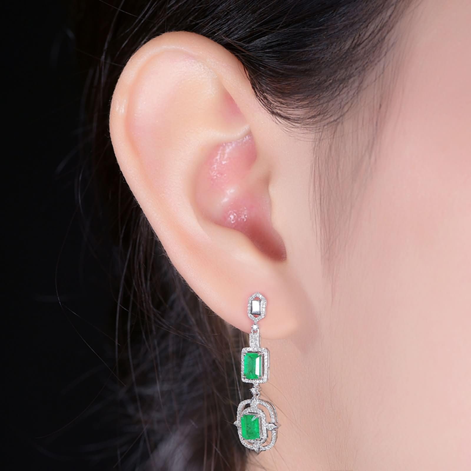 Damen Ohrringe Weißgold 9K / 14K / 18 Karat, Rechteck mit Smaragd 2,6 Karat und Diamant, Damen Hochzeit Ohrringe Silber Grün