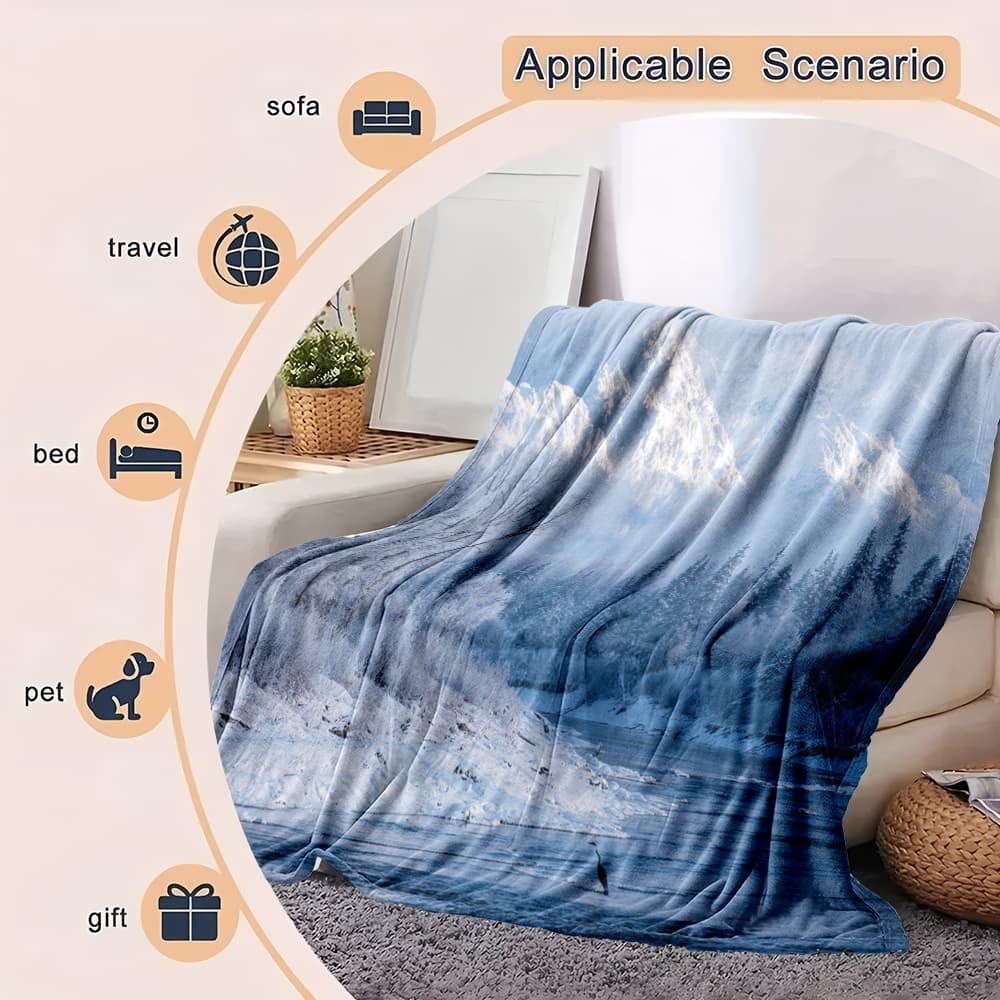 Générique Plaid Couverture Polaire Flanelle en Microfibre, Paysage de Montagne en Hiver Couverture lit Jeté de Canapé 2 Personnes, Blanc Plaid Fourrure Chaud et Doux en Peluche 180x200 cm