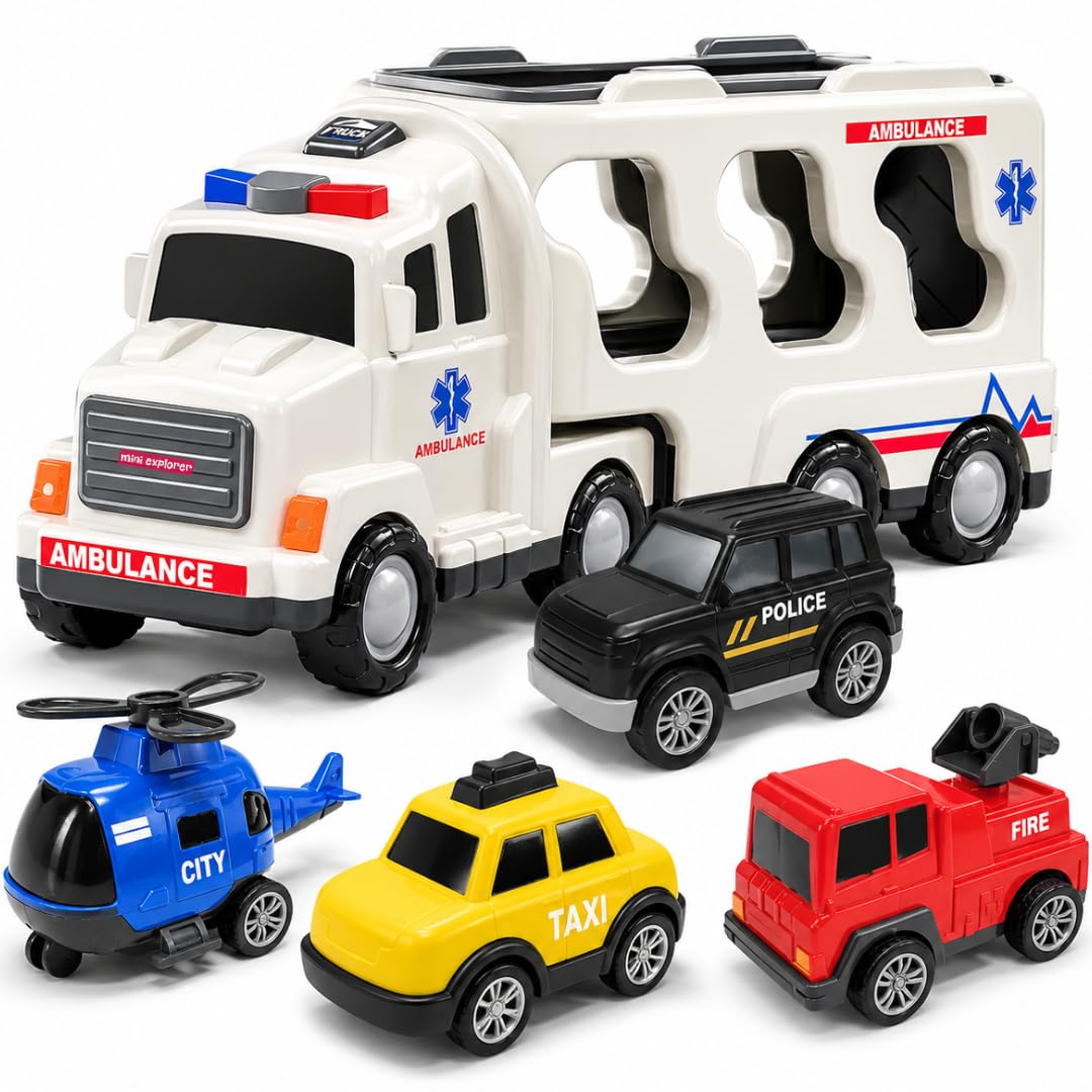 MiniExplorer 5 in 1 Ambulance Vehicle Toddler Truck Toys,Friction Powered Cars with Toy Helicopter,Police Car,Fire Truck,Ambulance Car,Birthday Gifts for Girls Age 3-9