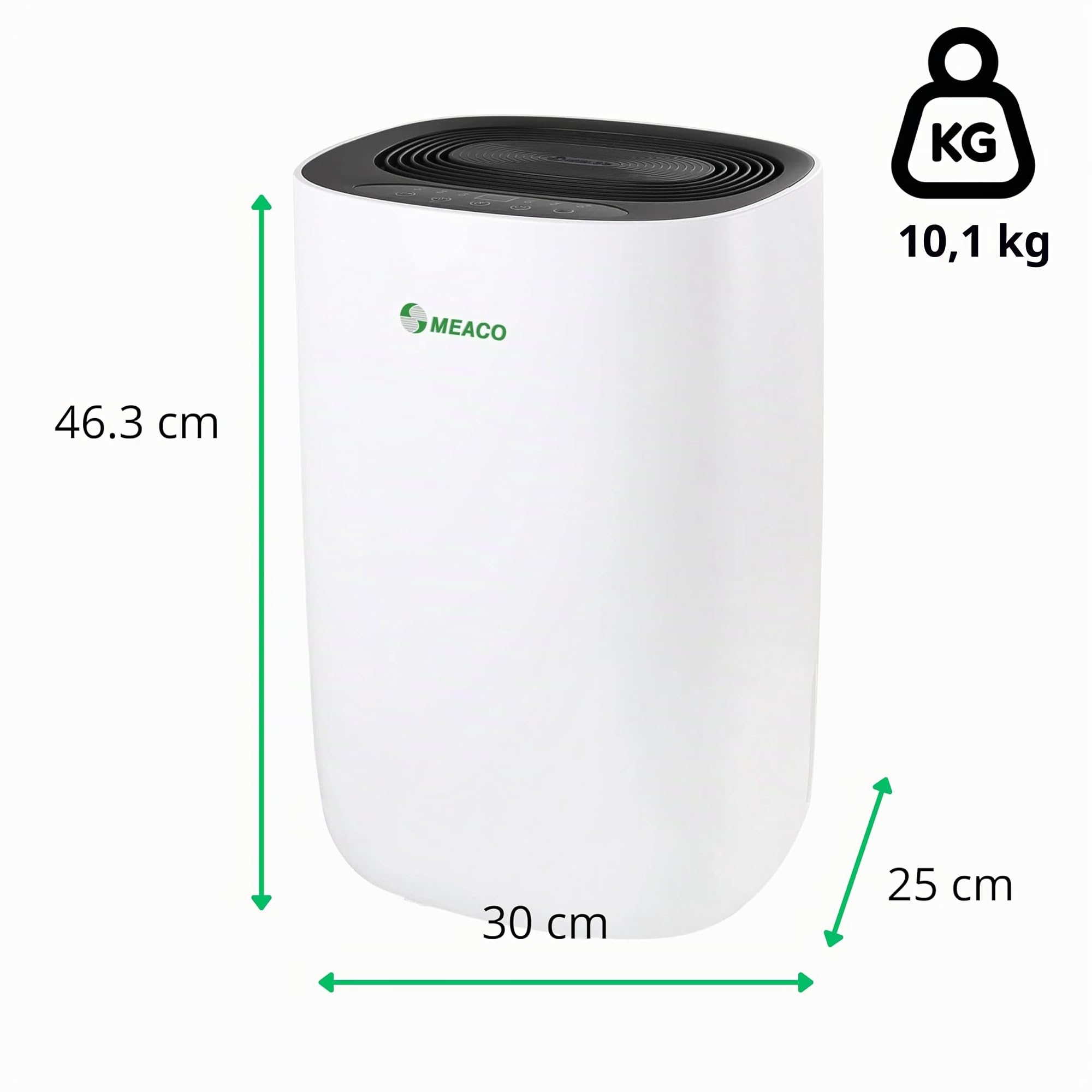Meaco MeacoDry ABC 10LB - Deshumidificador ultrasilencioso, 35 dB, función secadora, diseño compacto, bajo consumo de energía, 160 W, 240 V, Blanco con panel negro | Elimina la humedad y la condensación, negro [Clase energética A+++]