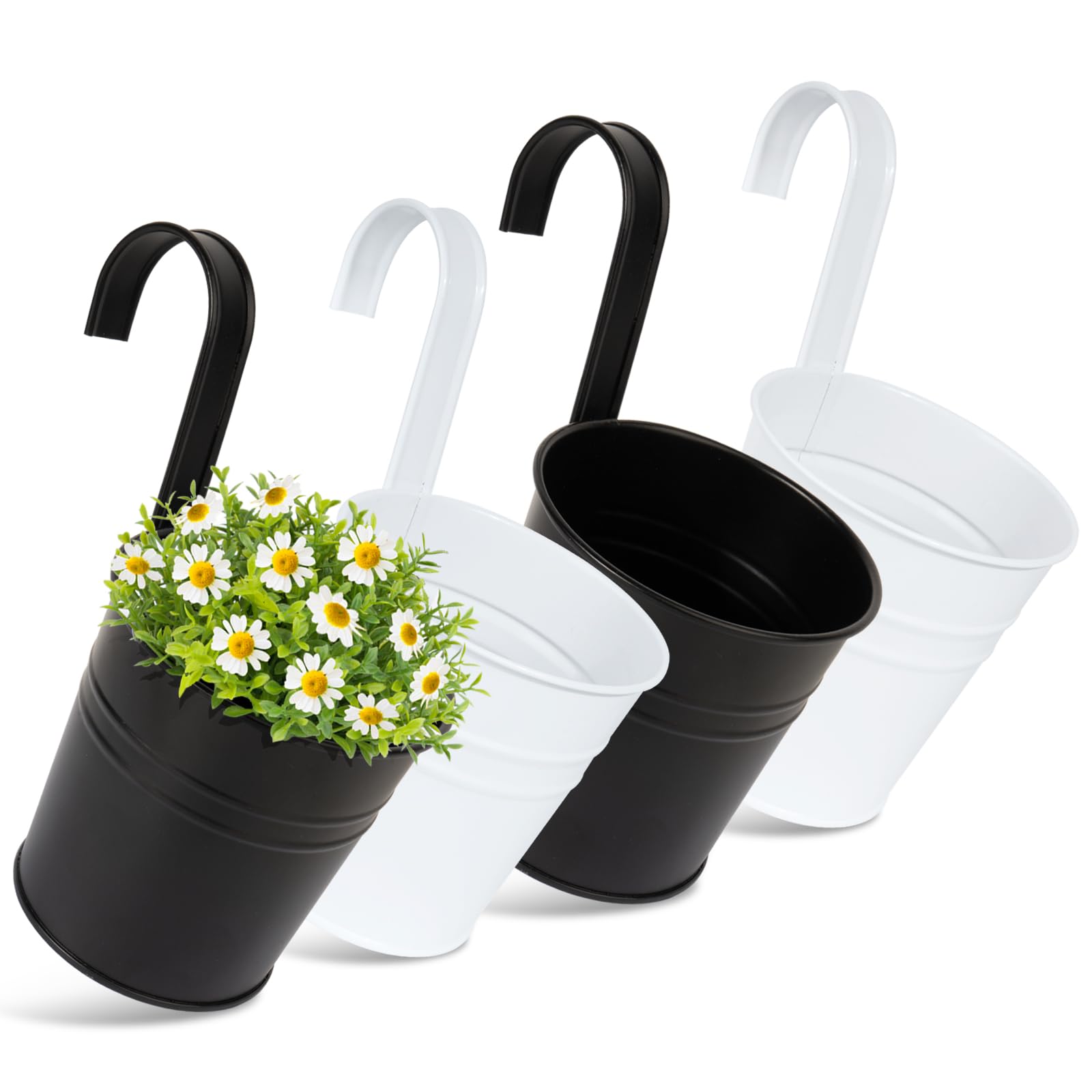 4 Maceteros Colgantes de Hierro de Metal Macetas Pequeñas Colgar con Gancho con Orificio de Drenaje de Color Negro y Blanco para Decoración Exterior Balcón Jardín Patio Pared Terraza