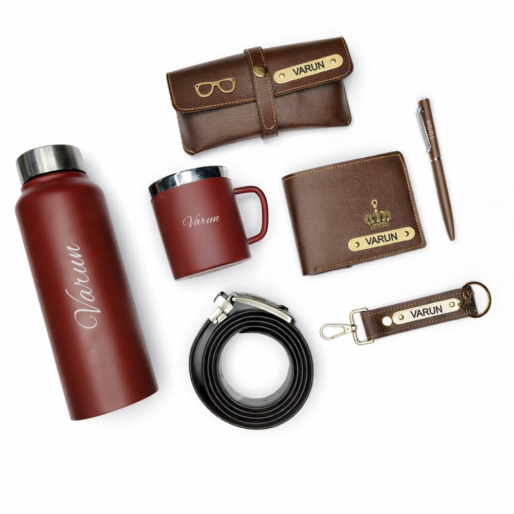 Customized 7 PCS Gift Set for Men | Personalized Leather Wallet All in One Gift for Men | Customized Valentine, Birthday & Anniversary Gift for Husband, Boyfriend and Friends (Brown)-image-27