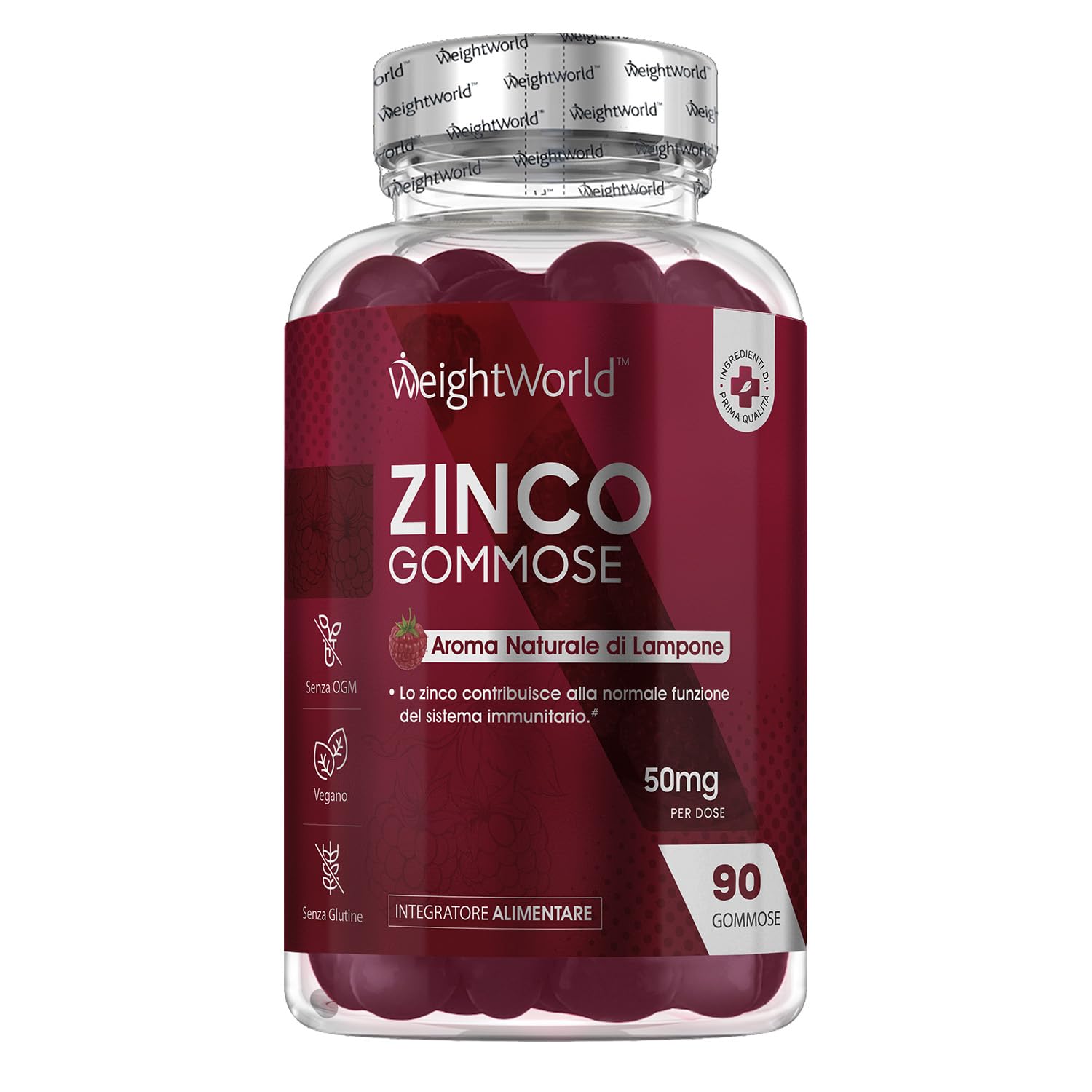 Zinco Integratore in 90 Gommose Vegane (Fornitura per 6 Mesi) all'Aroma Naturale di Lampone, Lo Zinco Contribuisce alla Normale Funzione del Sistema Immunitario (EFSA), Integratore Zinc Senza Glutine