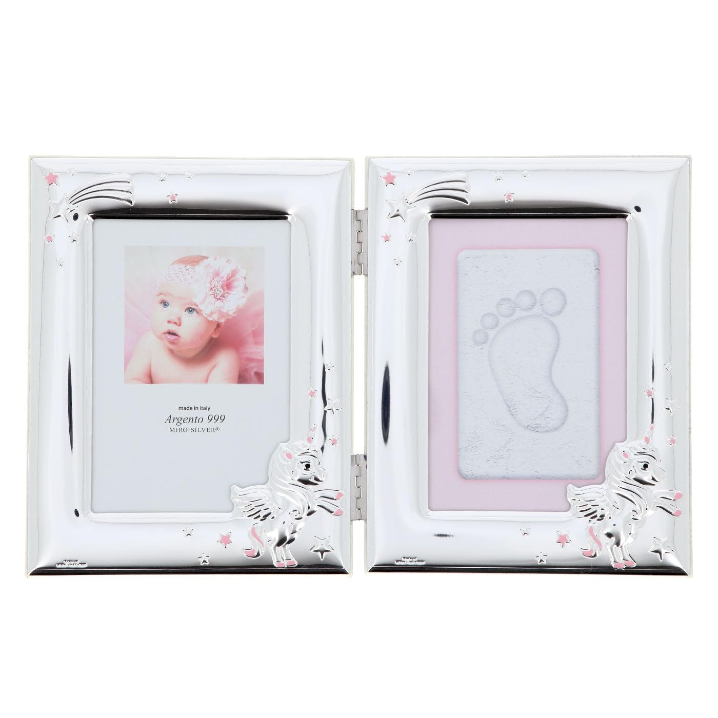 SHALOM - Portafoto in Argento con Kit per Impronte Neonata, Rosa. Dimensioni 15x18 Cm