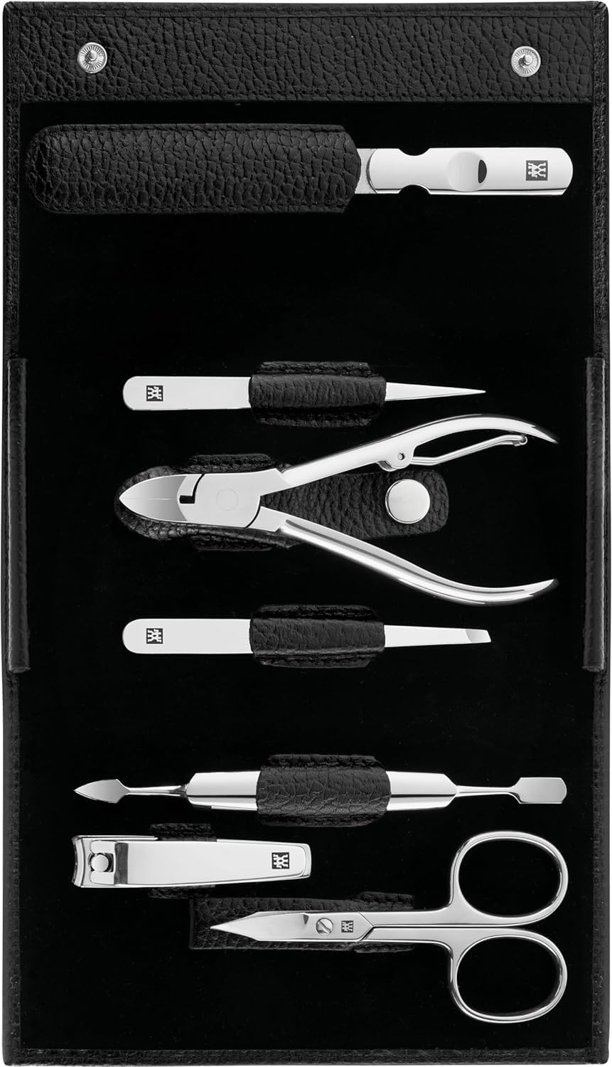 ZWILLING Maniküre-Set (7 teilig, Pediküreset, Reise Etui Set, Nagelpflege, Echtleder), Edelstahl Poliert, Schwarz
