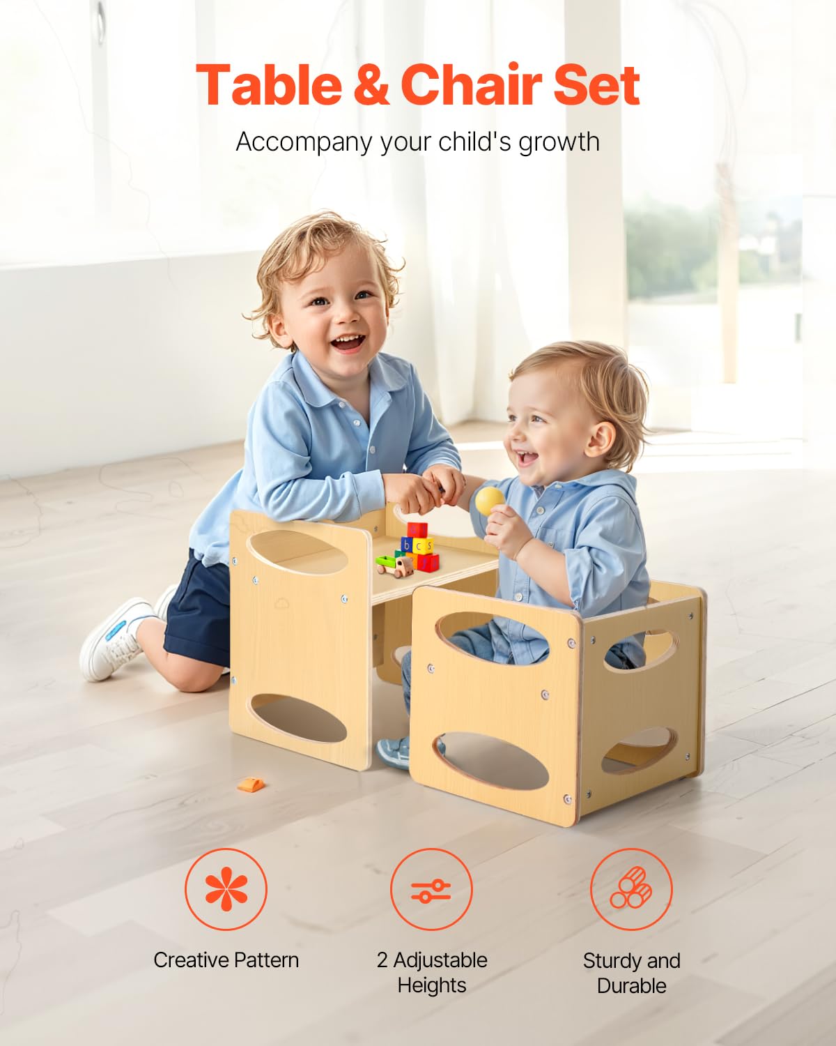 VEVOR Montessori Weaning Table and Chair Set, Wooden Toddler Table and Chair Set for Aged 1-5, Adjustable Height Kids Montessori Chair and Activity Table, Ideal for Reading, Eating, Playing - Natural