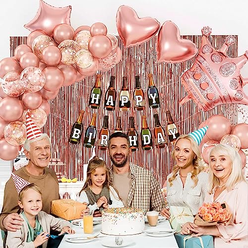 Image of Rozi Decoration Rose Gold Birthday Decoration Set | 55 Pcs Combo with Wine Bottle Theme Happy Birthday Banner, Crown Foil Balloon, Metallic & Confetti Balloons, Foil Curtain for Adults Party Decor