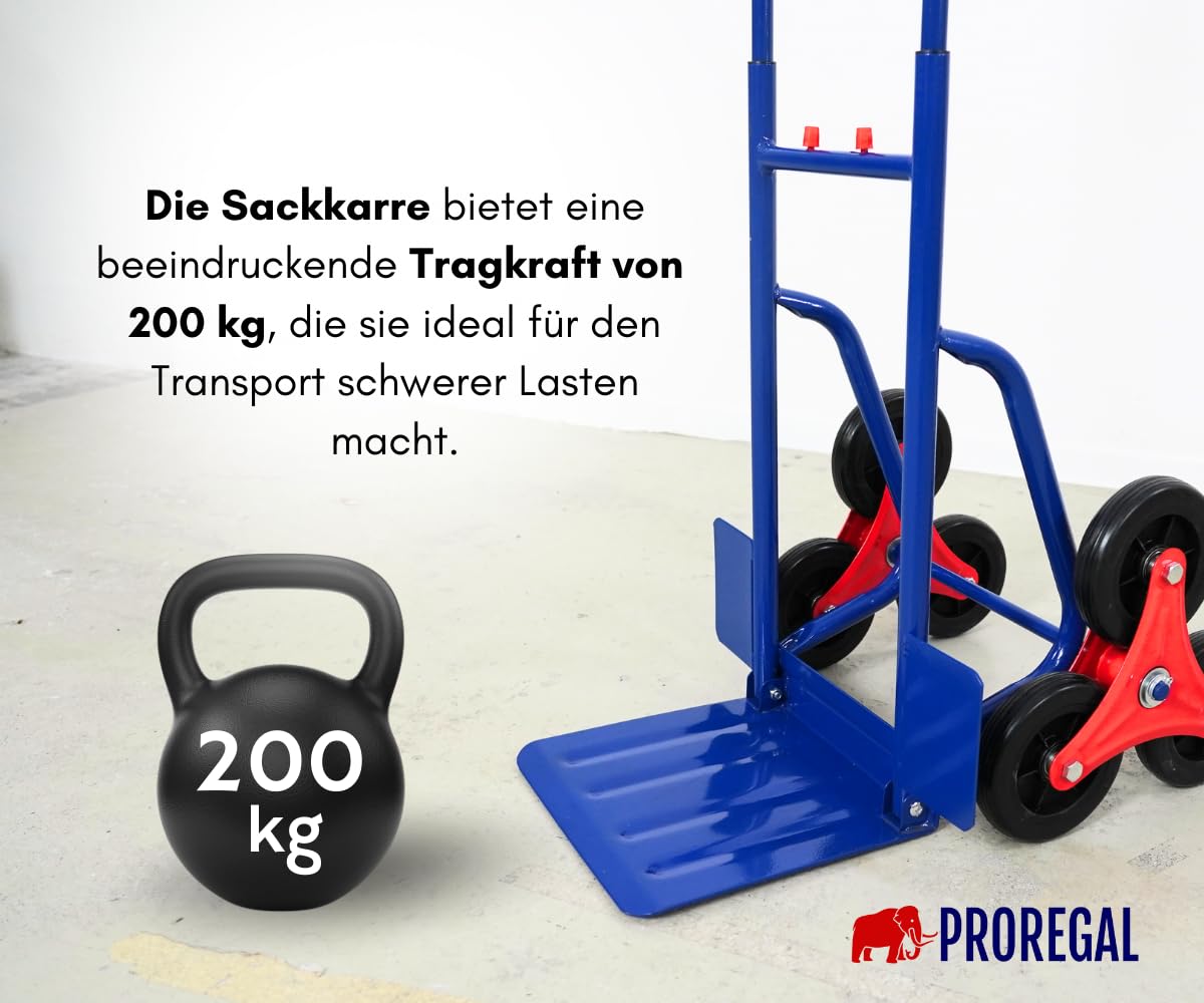 PROREGAL Diable pour escaliers Odin | HxLxP 111x60x43cm | Capacité de Charge 200kg | Pneus en Caoutchouc Dur | Bleu