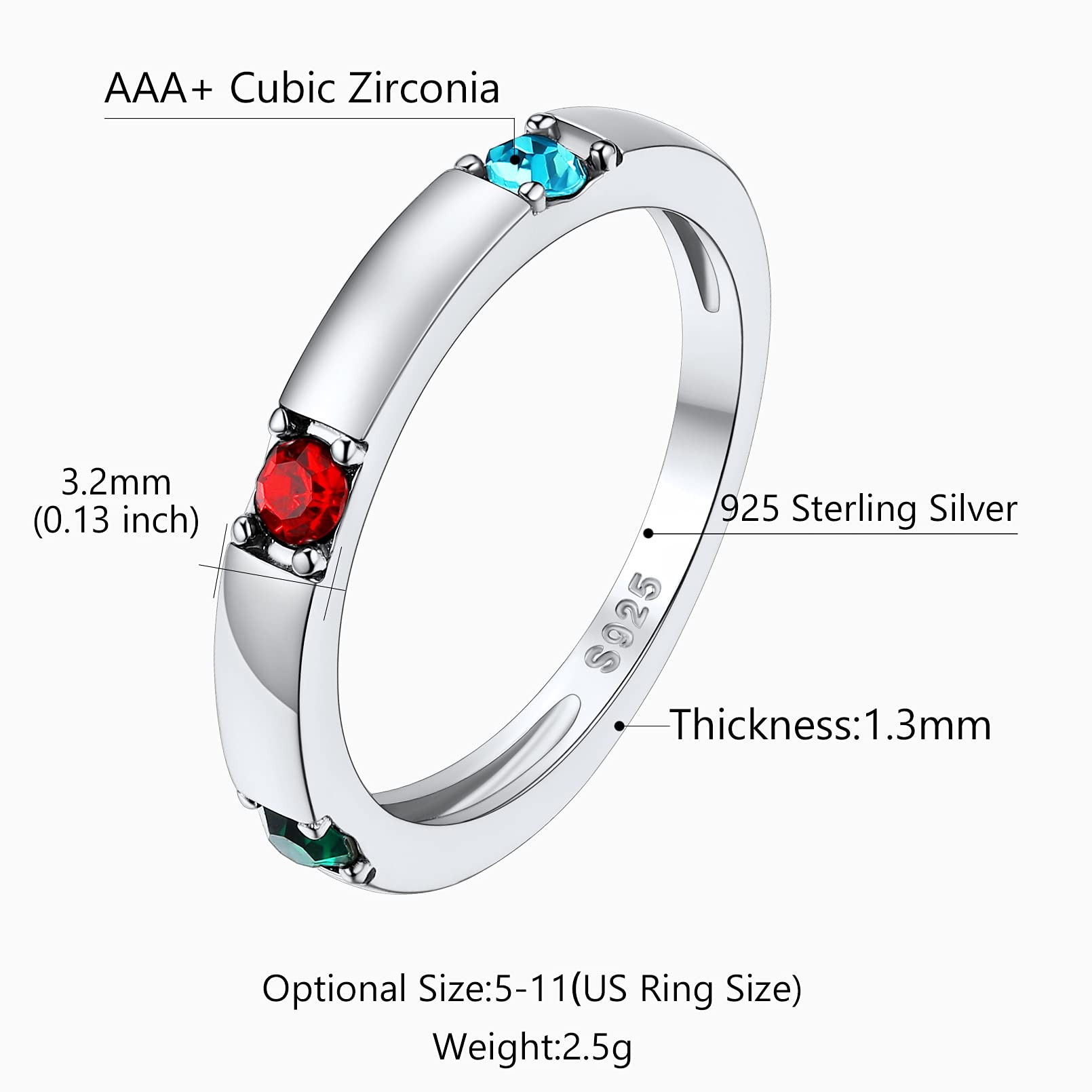 Custom4U Personalizado Anillo Fino de Compromiso Plata de Ley 925 con 1/2/3/4 Piedras de Cumpleaños y Nombres Grabados Joyería Delicado de Promesa y Día Valentín Regalo para Parejas Talla 5-11