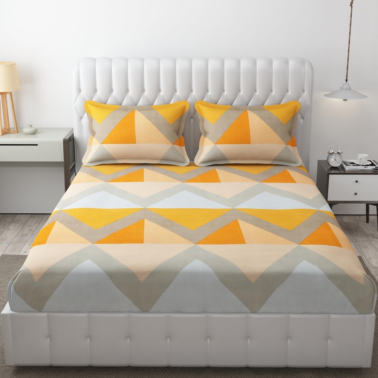THE HOME STYLE Supersoft Glace Cotton Elastic Fitted All Around King Size Printed Double Bedsheet with 2 Pillow Cover & King Size Comforter/Duvet/Blanket (72"x78" + Comforter, Hazy Horizon)