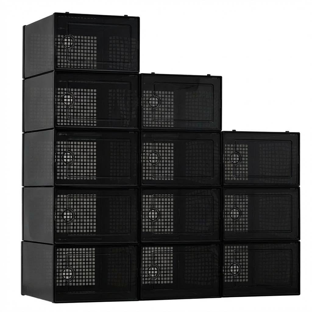 Garvee 12 Pcs Cajas De Zapatos, Organizador Zapatos De Plástico Transparente Apilables, Contenedores Organizadores De Zapatos Con Tapas Para Mujeres/Hombres,Negro