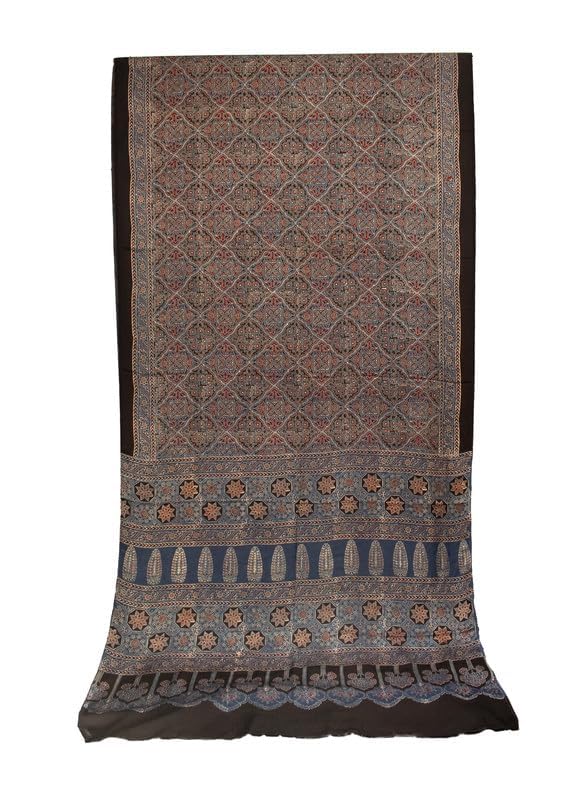 Image of Ethnics of Kutch Womenss Ajrakh Modal Silk Natural Dye Hand Block Print Saree with Blouse Piece - 5.5 Mtr Length