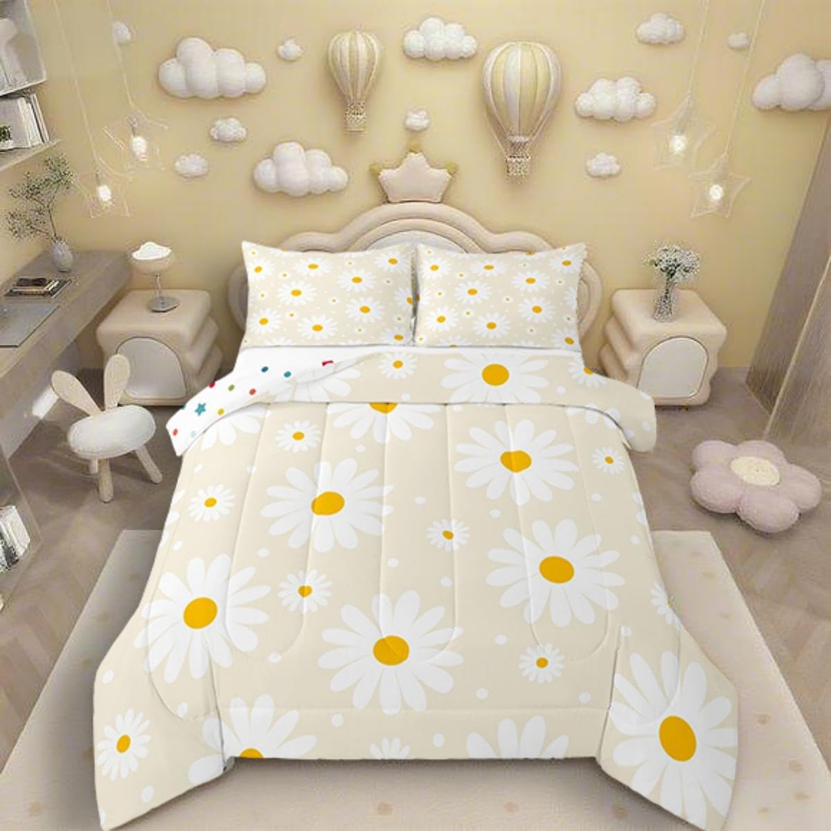 Erosebridal Beige Floral Comforter Cute Daisy Cream Bedding Set Twin Size for Kids Teen Women,Botanical Theme Rustic Flowers Comforter Set White Daisy Floral Quilt Room Decor