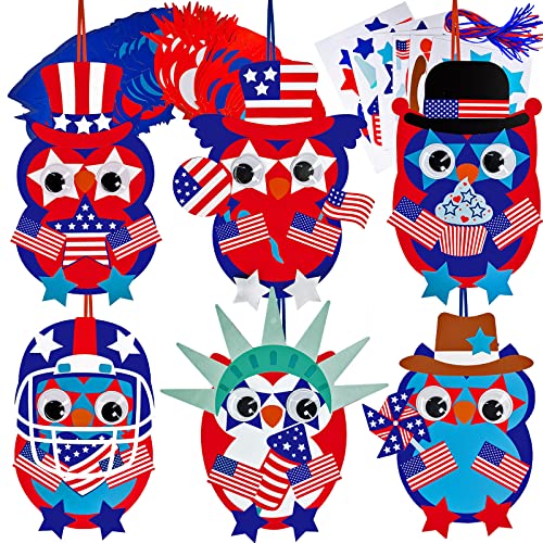 4th of July Craft Kits Patriotic Crafts DIY Owl Ornaments Decorations Art Sets Owl Shapes with Red White Blue USA Flag Patriotic Star Stickers for Kids Party Classroom Activities