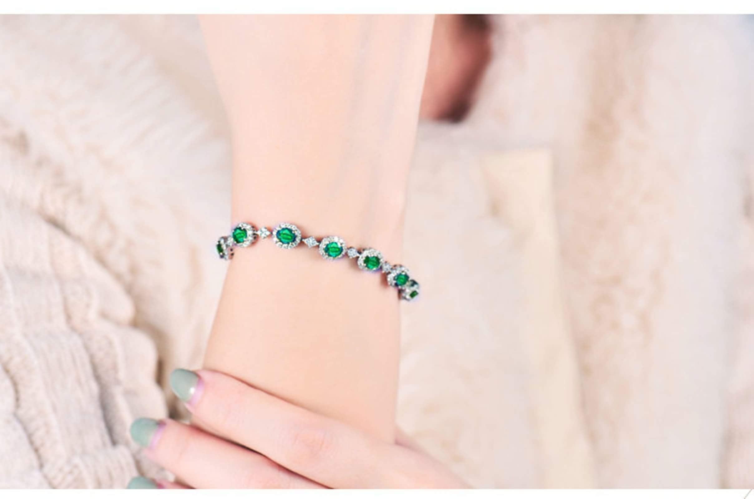 Pulseras de Mujer de Oro Blanco 9Kilates / 14Kilates / 18Kilates, Oval con Esmeralda de 2,4 ct y Diamante de 0,81 ct, Cadena Extensible 16 CM + 5 CM, Pulsera Mujer Ajustable Plata Verde