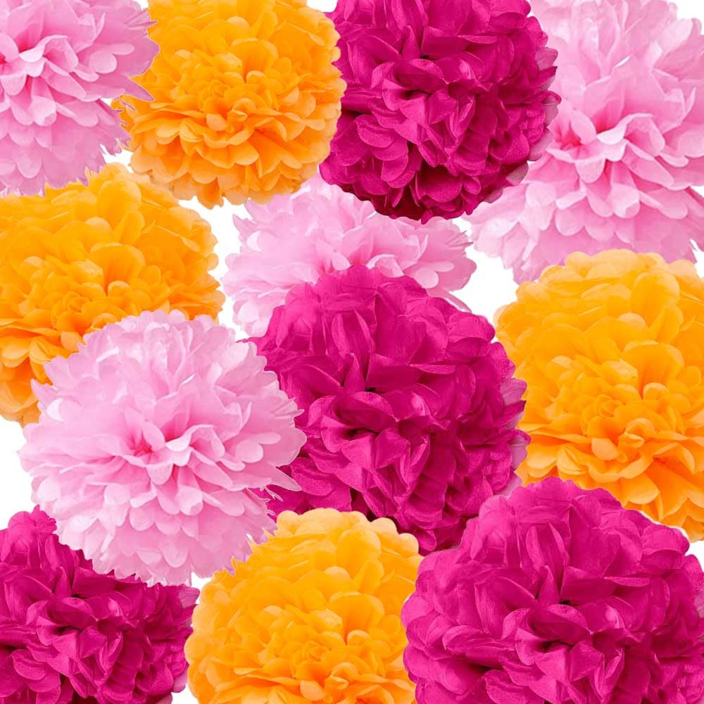 GAKA Hot Pink(Rose Red),Pink,Orange Tissue Paper Pom Poms Decorations Use in Party ,10 inch and 12inch Hanging Tissue Flowers,12 PC,3 Colors Set for