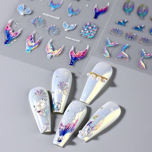 Miniatura 8 de Calcomanías de uñas de cola de sirena de ensueño 5D, calcomanías de uñas de verano 5D en relieve láser de sirena, calcomanías de arte de uñas de ola