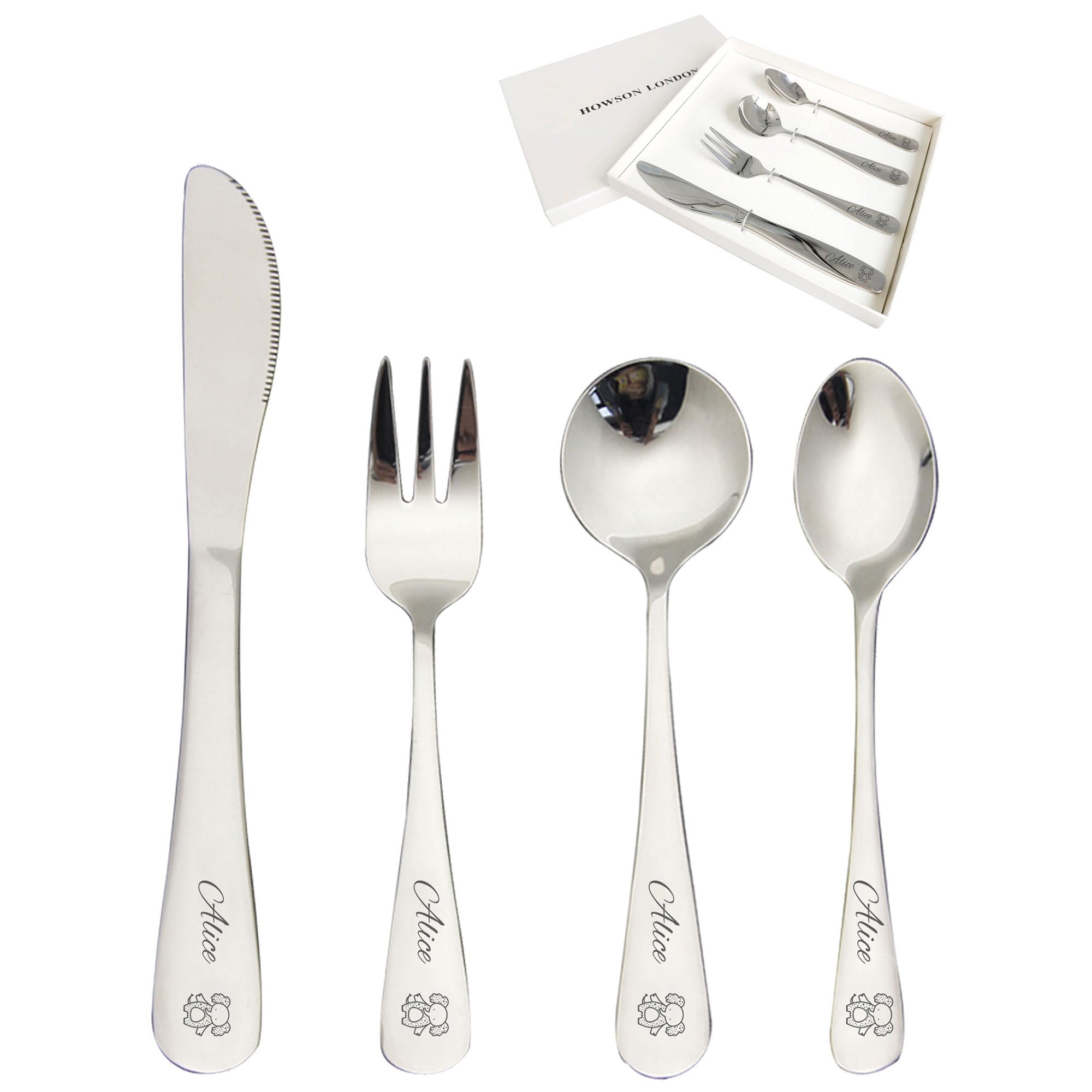 Personalised Cutlery Set for Children Christening Gift for Boy Girls Knife Fork Spoon 4pcs Stainless Steel for Kids Toddler Cutlery Set Gifts in Gift Box Engraved Monkey Lion Giraffe Image 06