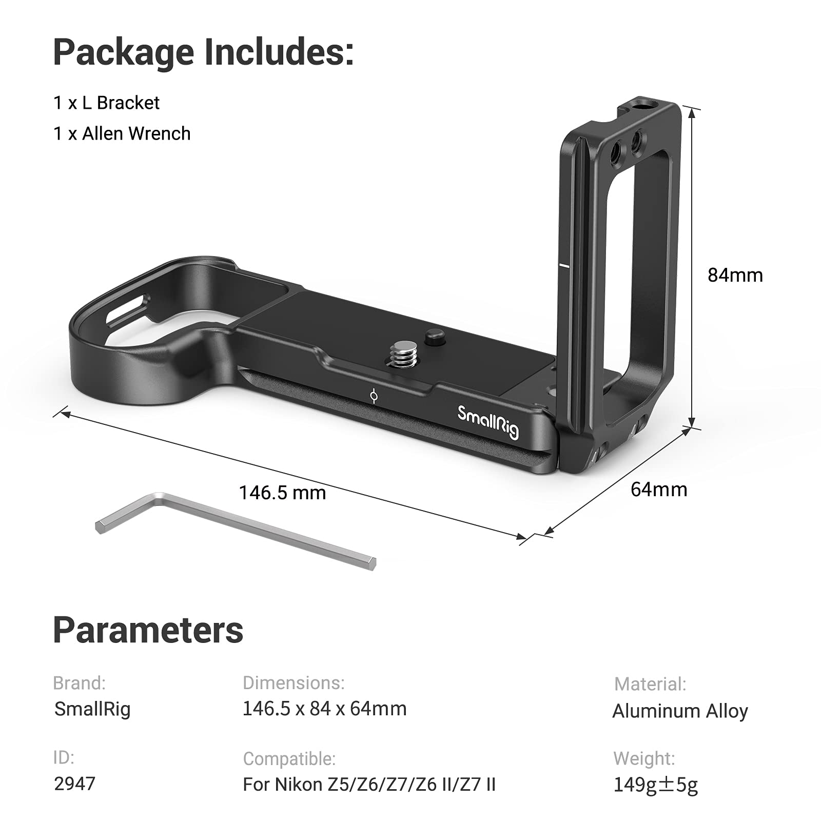 SMALLRIG L Bracket L Uchwyt, Płytka L dla Z5/Z6/Z7/Z6 II/Z7 II kamery - 2947