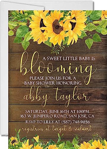 Sunflower Baby Shower Invitations With Envelopes, Fall Baby Shower Invitations (Sunflower Rustic Wood)