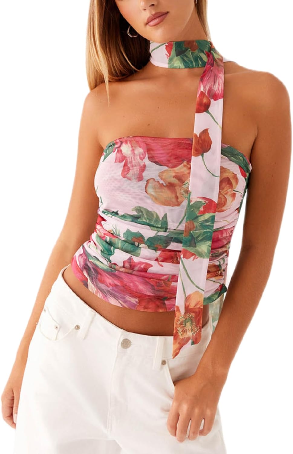 Women Y2k Tube Top Summer Mesh Floral Bandeau Crop Tops Sleeveless Strapless Ruched Going Out Tops with Scarf