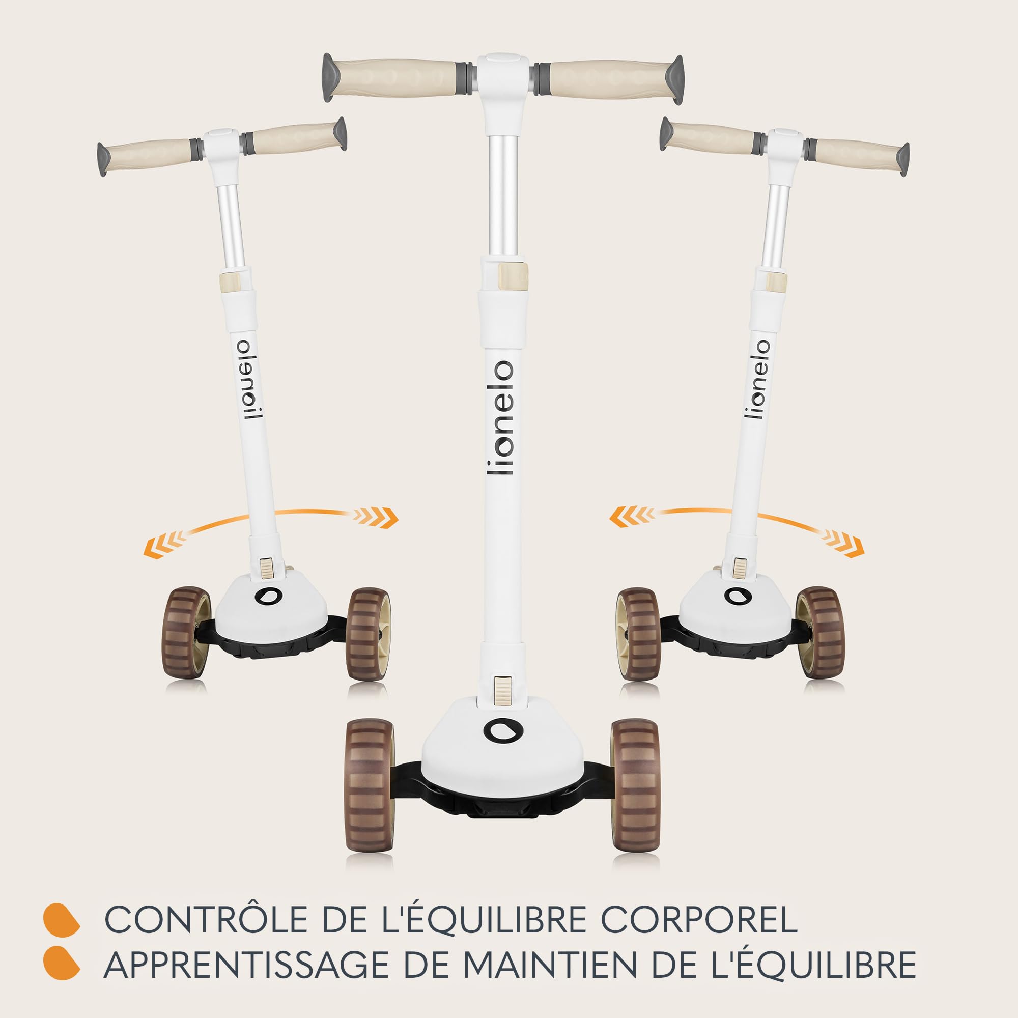 LIONELO Franky 2en1 Trottinette d'équilibre pour Enfants de 3 Ans à 50 kg Patinette de 1 an à 20 kg Roues LED Réglable en Hauteur, Plateforme Antidérapante, Panier (Beige)