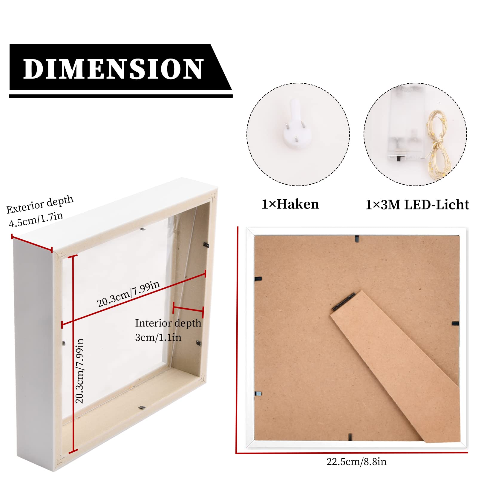 Cornice 3D Fai-da-te 20x20 Cm Con Luce LED – Profonda, Con Foglio Acrilico – Per Ricordi, Fiori, Medaglie