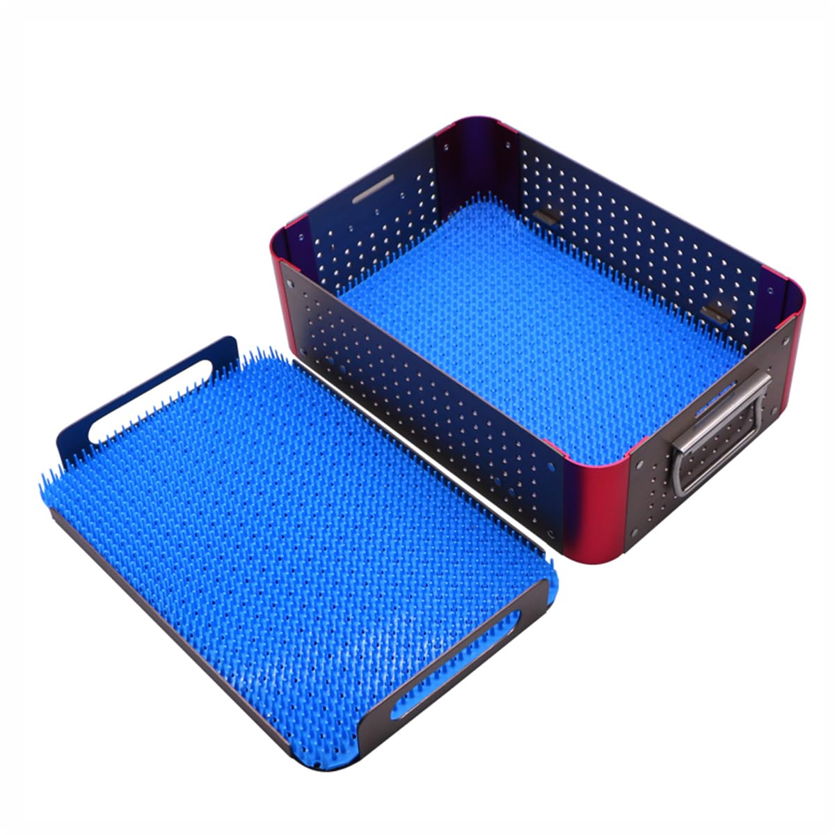 Caja de desinfección de doble capa de aleación de aluminio, estuche para instrumentos quirúrgicos de doble nivel con almohadilla de silicona, bandejas de esterilización de lavado para ortopedia