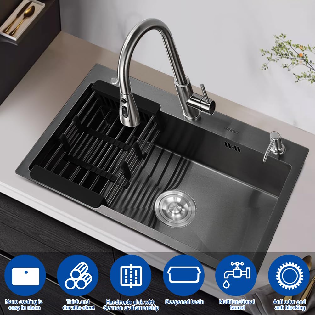 Fregadero de cocina 304 Acero Inoxidable, Fregadero Cocina un Seno Fregadero con Dispensador de Jabón (Negro, 40 * 50cm)