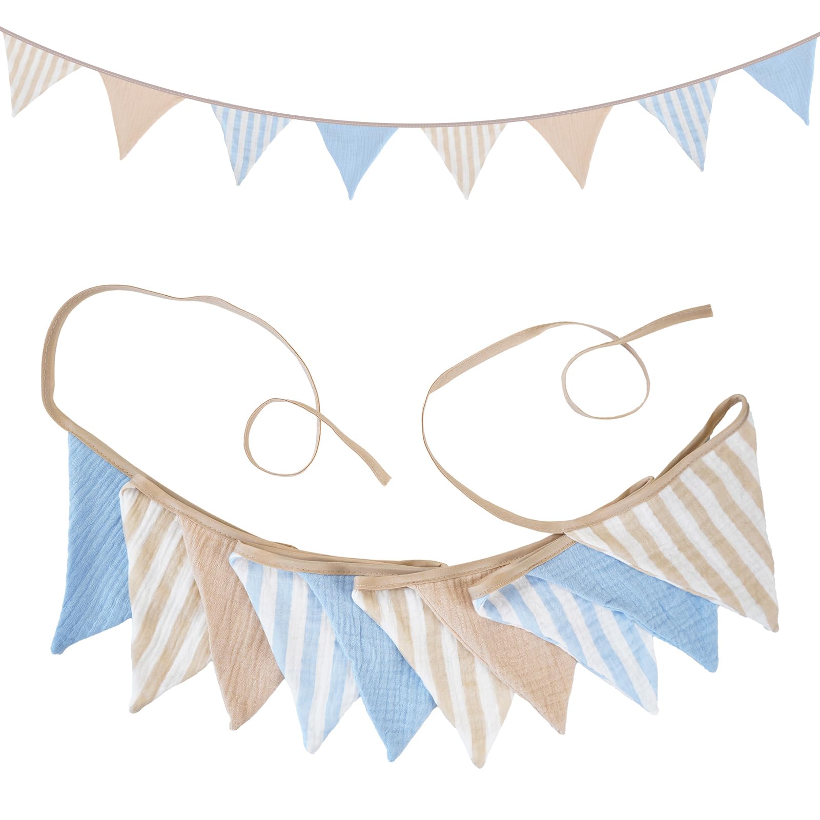 G2PLUS Muslin Fabric Bunting for Nursery: 10PCS Double Side Cloth Triangle Banner, Blue and Beige Cotton Bunting Banner for Baby Room, Nursery, Baby Shower Decor, 2.6m — image 1