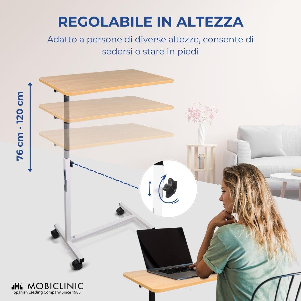 Mobiclinic, Tavolino ausiliario, Con ruote, Meseta, Regolabile in altezza, Per letto e divano, Ausilio anziani, Antigraffio, Bordo di contenimento, Elevabile, Accaio legno