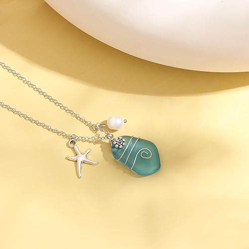 Miniatura 4 de UOXWOWXOU Sea Glass Necklace, Beach Necklaces for Women, Freshwater Pearls Necklace, Sea Glass Jewelry, Handmade Necklaces Gift for Women Girls