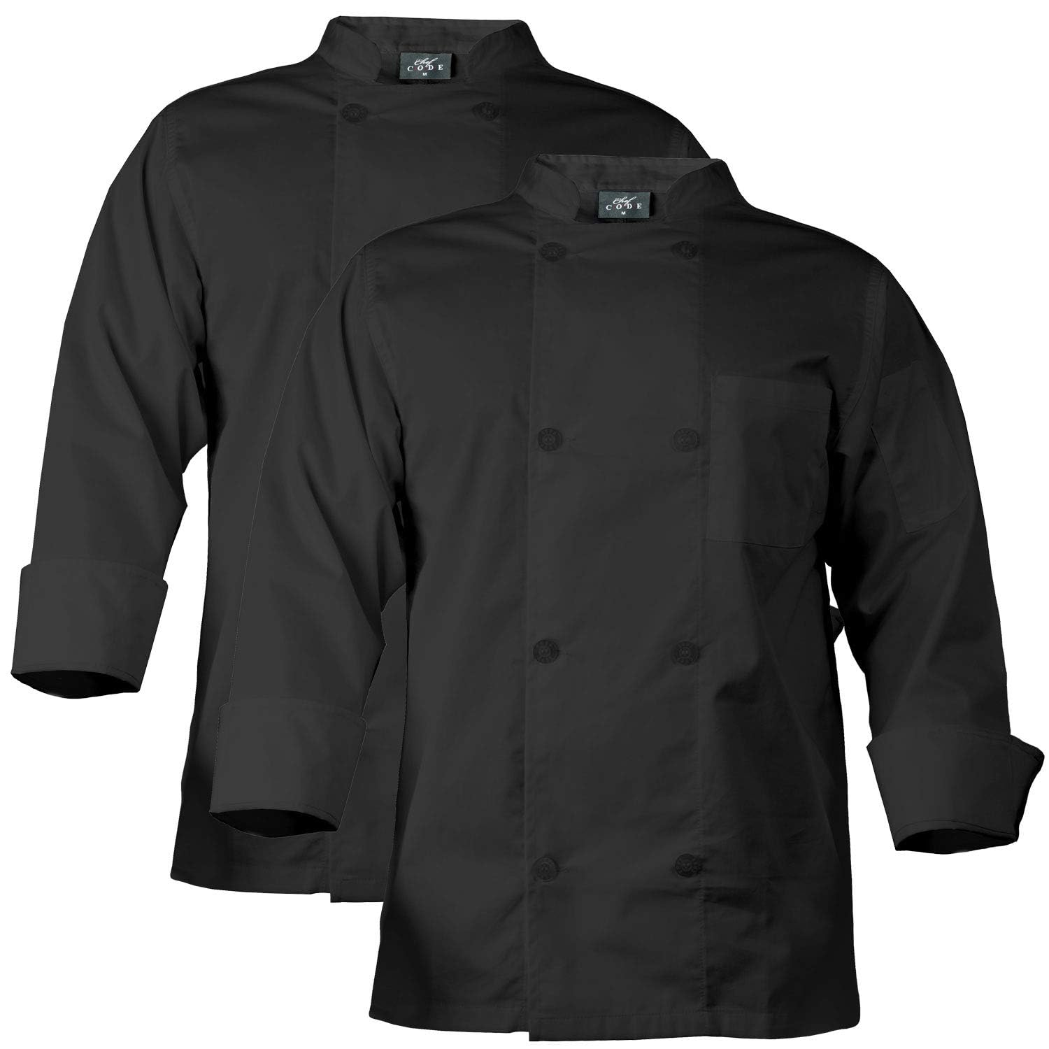 Chef Code 2-PACK Chef Coat with 8 Pearl Buttons, Double Breasted Front (BLK, X-Small)