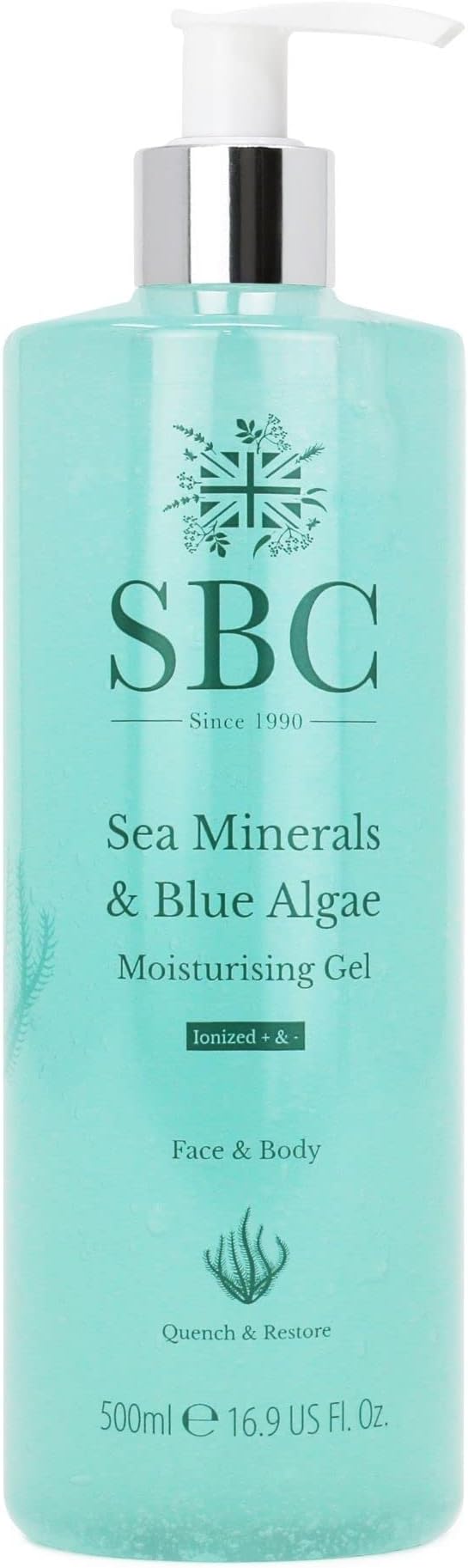 SBC Skincare Sea Minerals & Blue Algae Moisturising Gel - 500ml | Hydrating Face And Body Lotion | Face Moisturiser With Hyaluronic Acid | Vegan Friendly Skincare For Men And Women