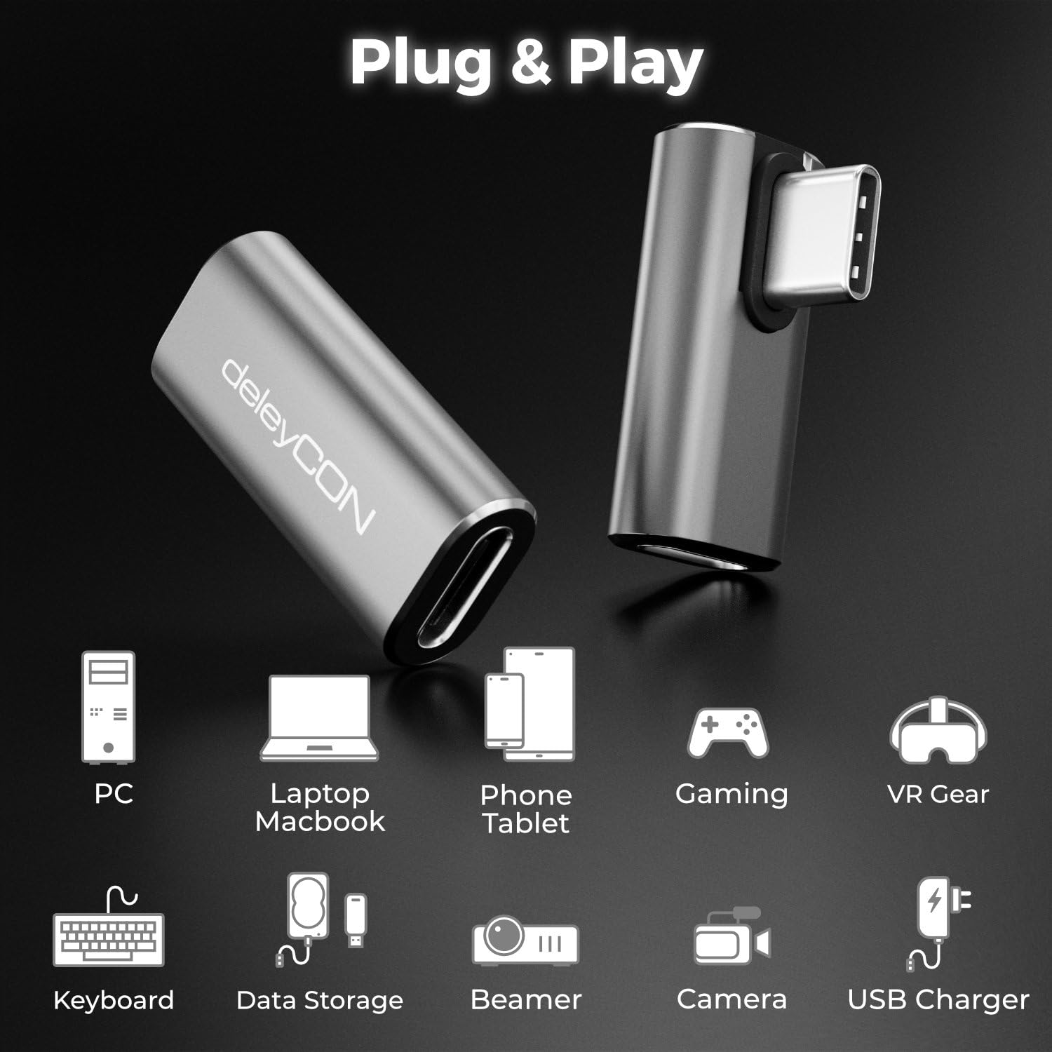 deleyCON Adapter USB-C Kąt 90 Stopni (2 Sztuki) 40Gbps, 240W, 8K60Hz, Aluminiowa Obudowa, Wtyczka Typu C do Gniazda Kompatybilny ze Smartfonem Tabletem Laptopem Notebookiem Switch PC i Wieloma Innymi.
