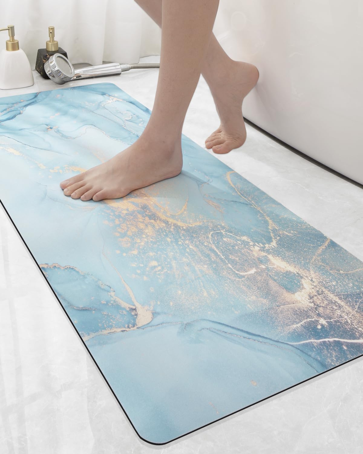 DEXI Bathroom Mat Ultra Thin, Non Slip Bath Rug for Shower Floor, Absorbent Quick Dry Marble Bathmats Low Profile, 17x43, Blue 17" x 43" (Rectangular) Blue