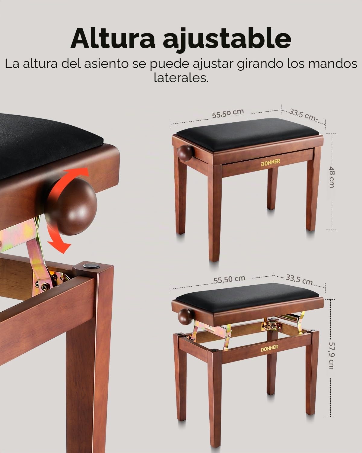 Donner Taburete de Piano Ajustable, Banco de Piano de Madera Maciza con Asiento de Piano y Cojín de Esponja de Alta Densidad, Taburete de Piano de Madera con Elevadores Metálicos, Marrón