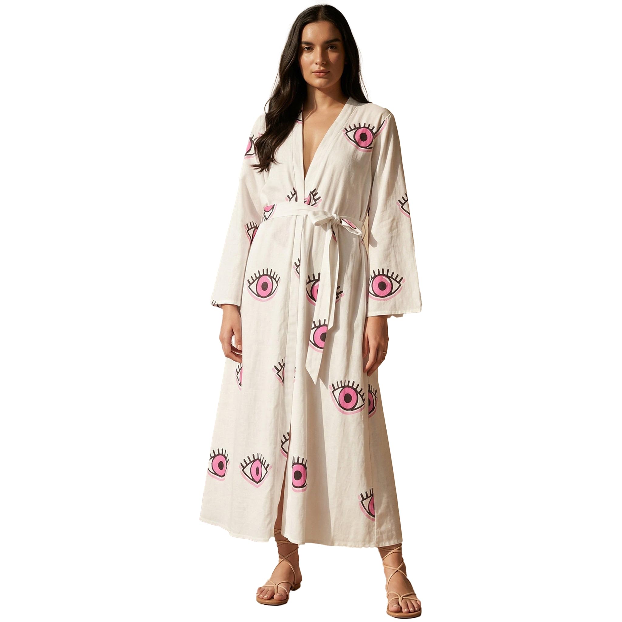 White and Pink Evil Eye Cotton Long Cover-Up with Embroidered Patch and Belt (7X-Large)-image-43
