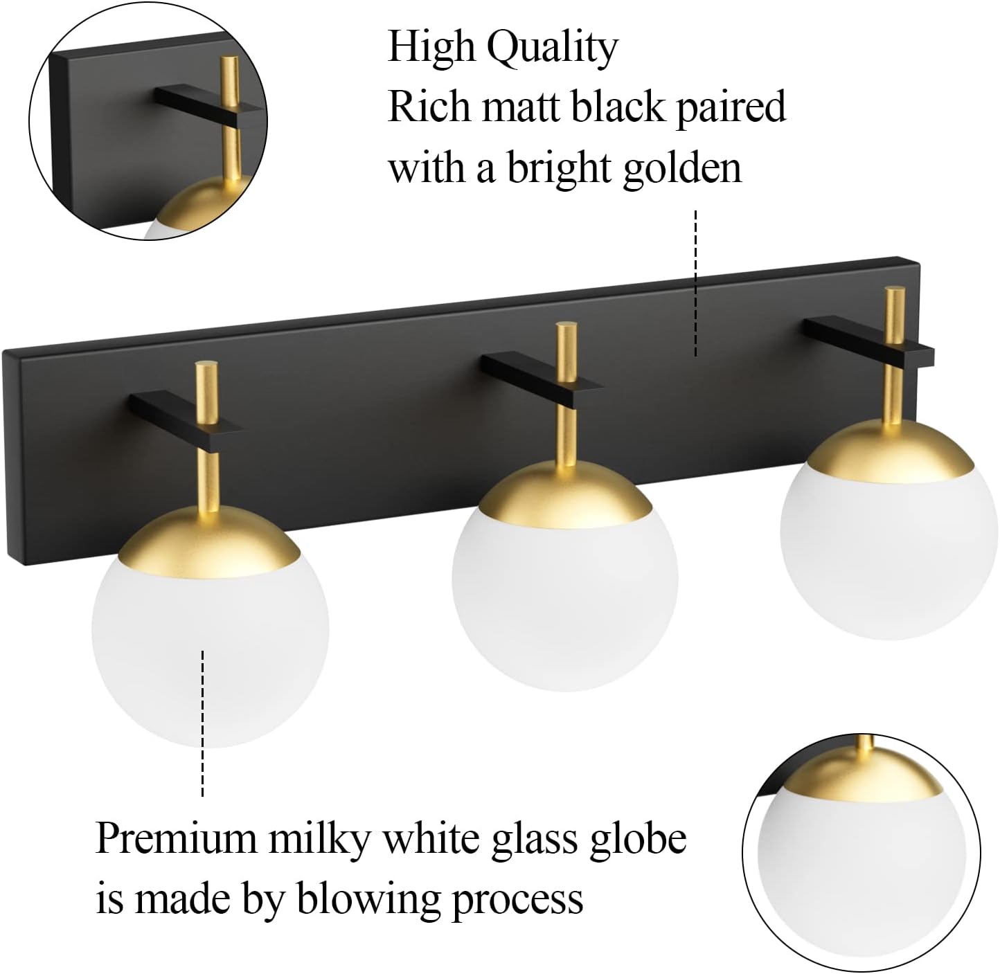 Ralbay Mid Century Modern 3-Light Milky Glass Globe Vanity Lights - Black and Gold Bathroom Wall Lighting